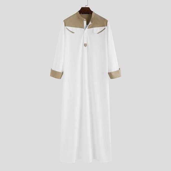 Men Mandarin Collar Long Sleeve Robe Contrast Color Buttons Half Placket Pockets Loose Fit Traditional Robe