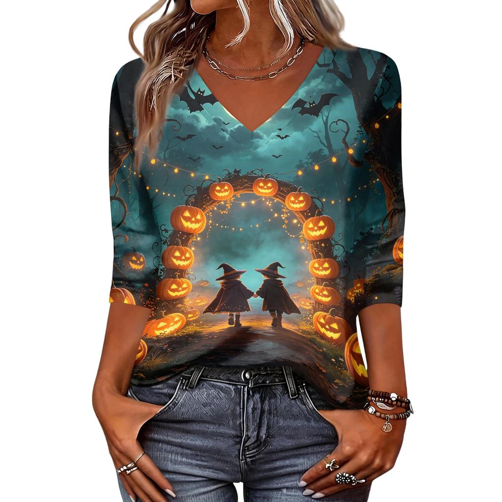 Women's Casual Halloween Printed V Neck Three Quarter Sleeve Top Tie Dye Pumpkin Bat Pattern Lightweight Blouse for Fall
