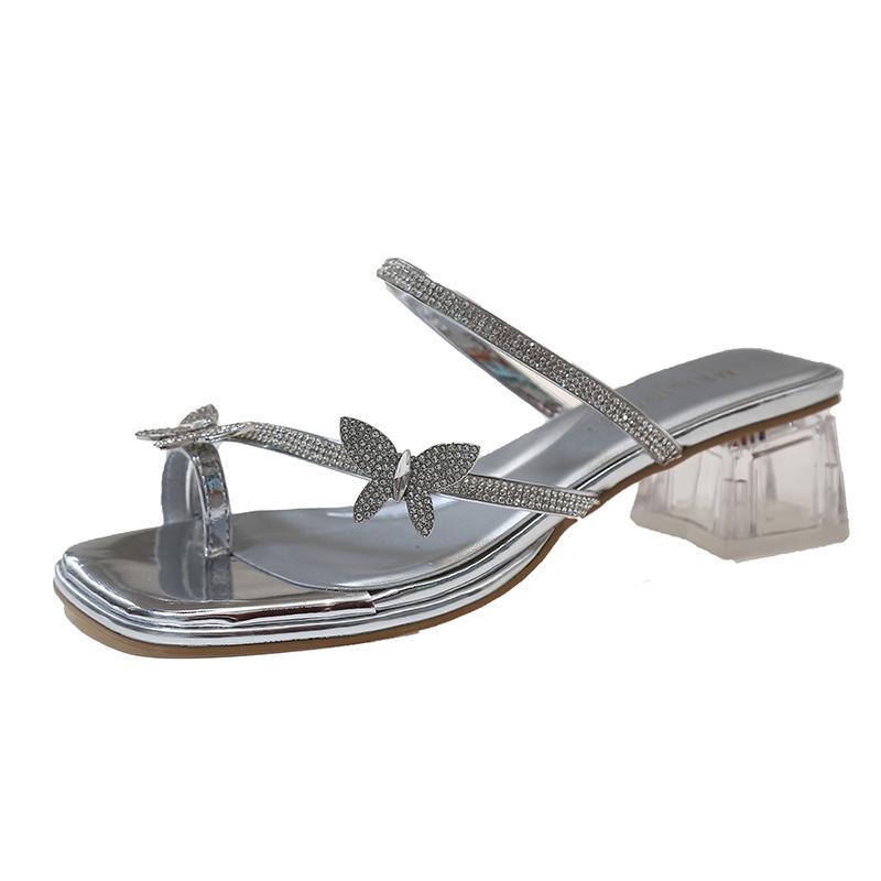 

Fashion 2025 Fashion Silver Crystal Sandals Women Rhinestone Butterfly Thick Heel Sandles Woman Summer Med Heeled Party Shoes Female 39