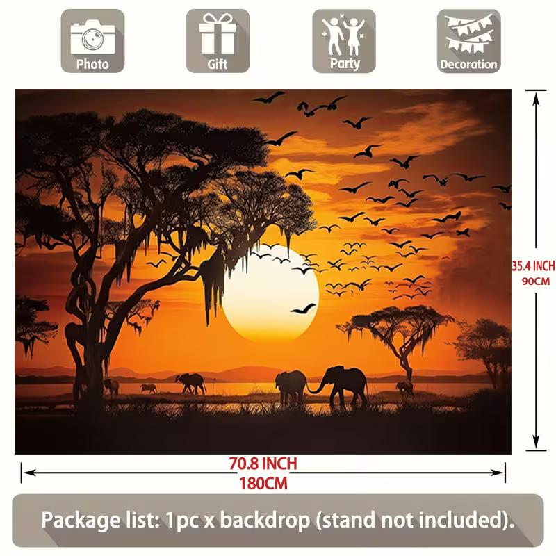 Retro African Safari Tapestry, Warm Sunset with Elephants and Water Landscape Wall Art for Party Backdrop