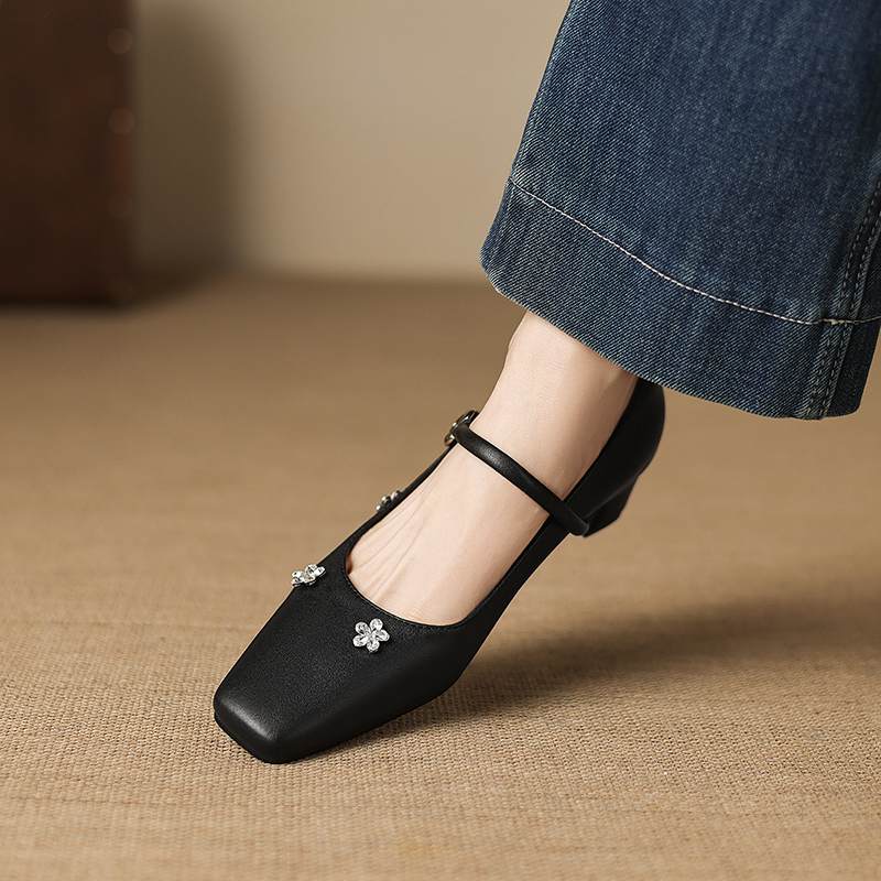 Krazing Pot Microfiber Square Toe Thick Med Heels Spring Summer Shoes Big Size 43 Flowers Decoration Women Office Lady Pumps