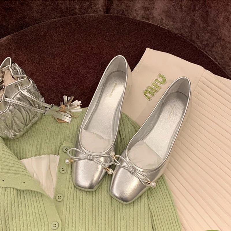 

Shoes Classic round head bow rhinestone shallow mouth exquisite pearl ballet shoes 34 серебряный
