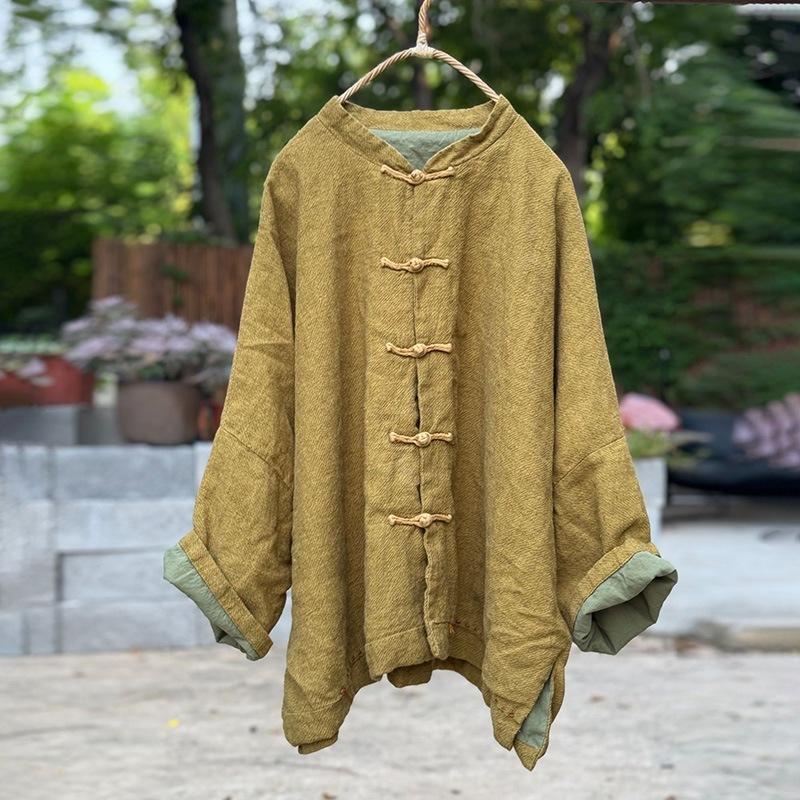 

Johnature Женские винтажные рубашки-стойки Топы Однотонные блузки с длинным рукавом на пуговицах Осенние рубашки в китайском стиле One Size