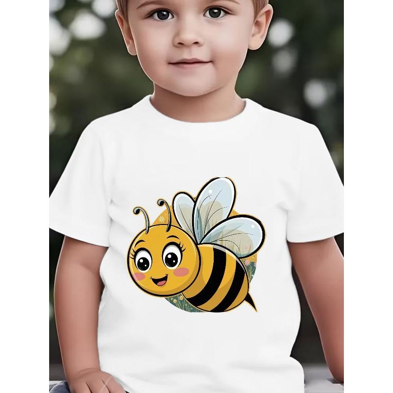 European Sizes Boys' Short-Sleeve Cartoon Bee Cute Joyful Face Fun Summer Breathable Printed Top for Toddlers and Kids