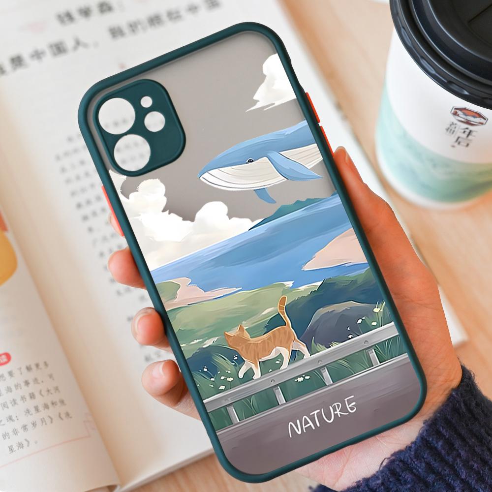 Cartoon Landscape Scenery Phone Case For iPhone 15 14 12 11 13 Pro XS Max 13Mini XR X 8 14Plus SE3 Matte Hard Cover Shell Fundas