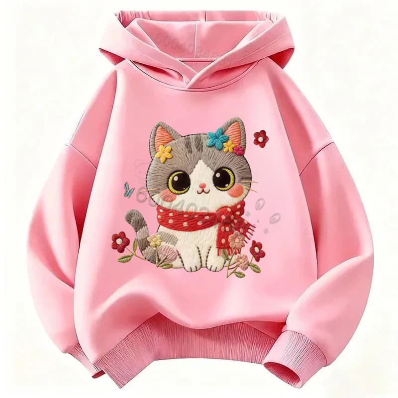 Latest Cartoon Cat Children's Casual Long-Sleeved Hooded Shirt - Warm and Comfortable Coat for Autumn and Winter