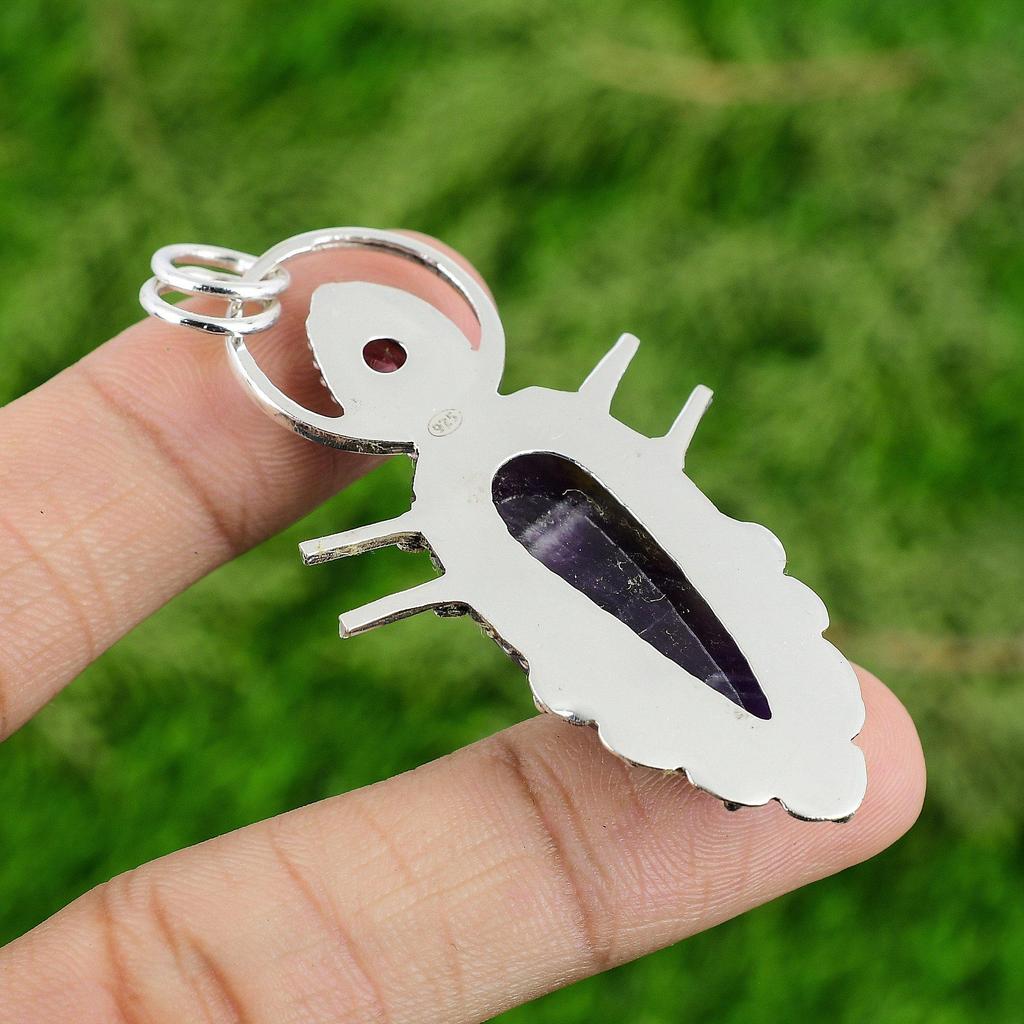 925 Sterling Silver Chevron Amethyst Stone Pink Tourmaline Bezel Pendant Jewelry