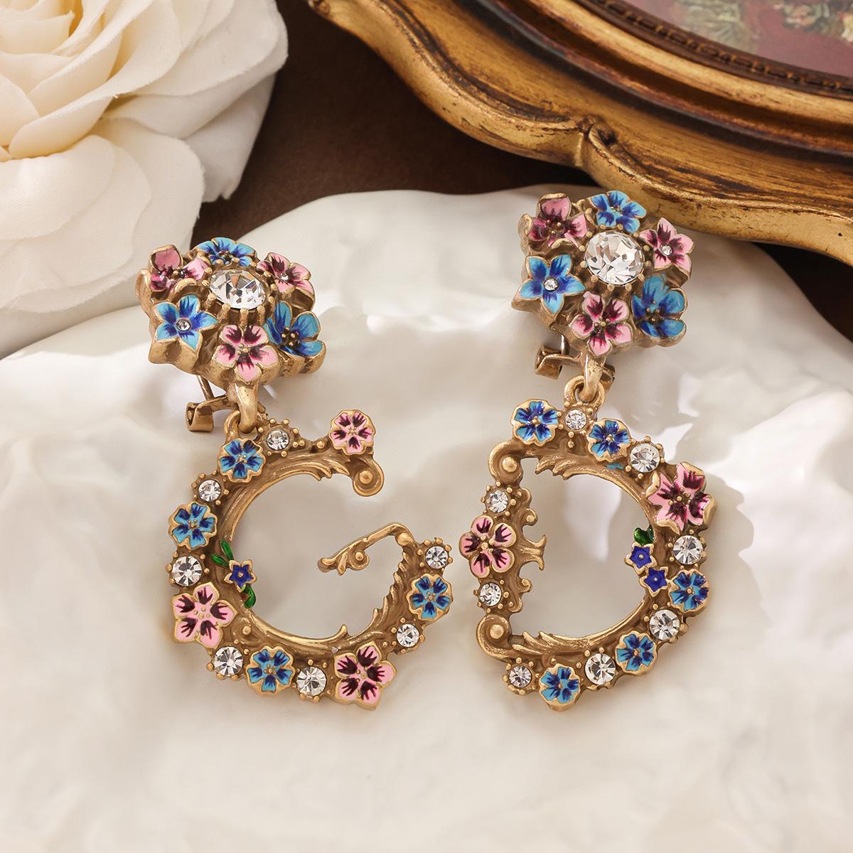Antique Jewelry Palace Style High-end Enamel Flower Large GD Letter Earrings Exaggerated Wreath