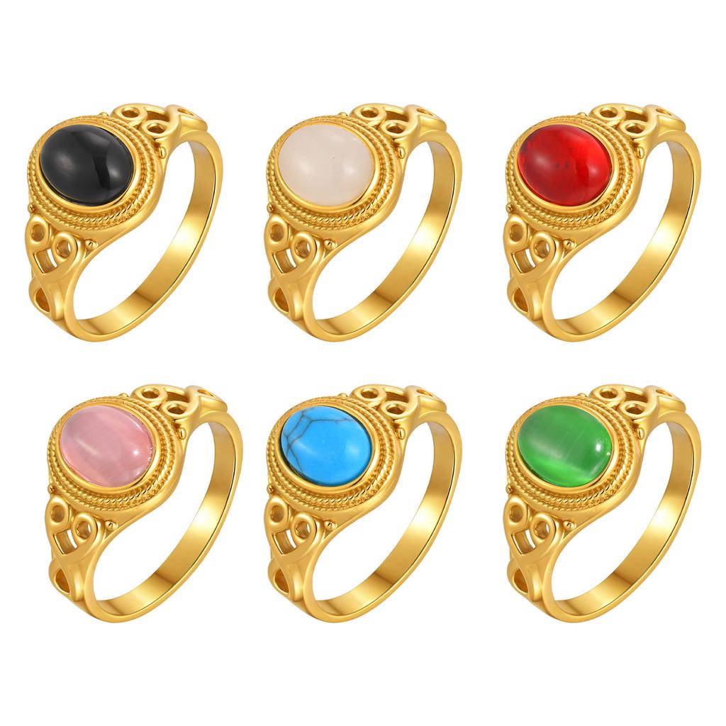Classic Black Agate Oval Ring for Women,Natural Stone Stainless Steel Rings,Trendy Waterproof Jewelry Gift