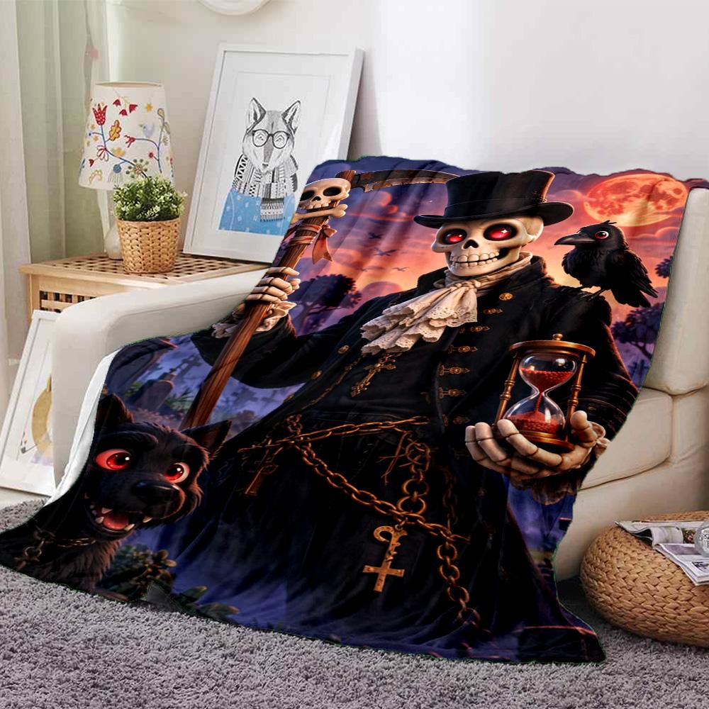 Grim Reaper Skeleton Top Hat Scythe Graveyard Red Moon Print Flannel Throw Blanket Soft Warm Blanket for Sofa Bed Home Decor