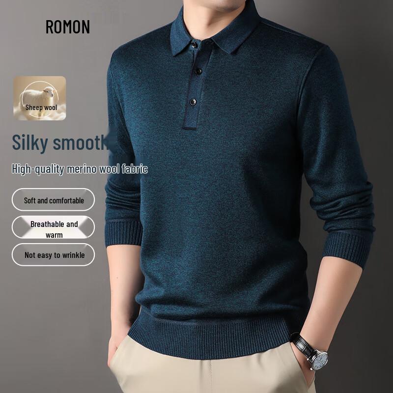 

ROMON Men s Fleece-Lined Wool Blend Pullover Knit T-Shirt with Turn-Down Collar 2XL