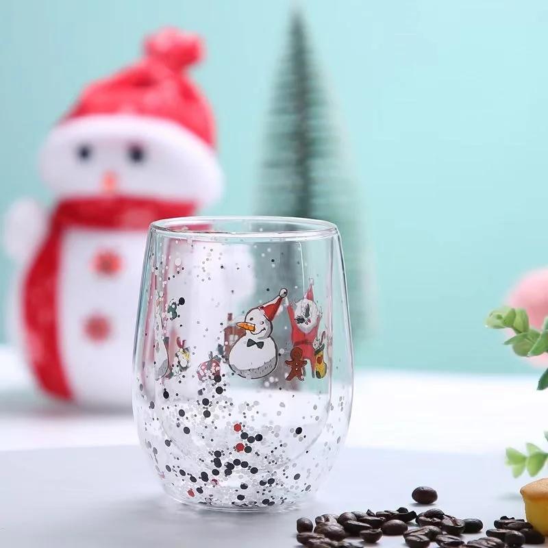 Weihnachts-Doppelwand-Glasbecher, hitzebeständig, Wasserbecher, Weihnachtsbaum, Schneemann-Muster, Saft, Tee, Milch, Kaffeebecher, Weihnachtsgeschenk