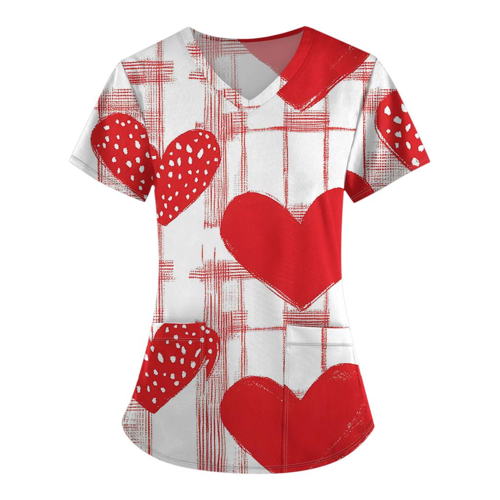 Women's Fashion V-Neck Short Sleeve Overalls With Pocket Valentine's Day Printed Tops  Clothes