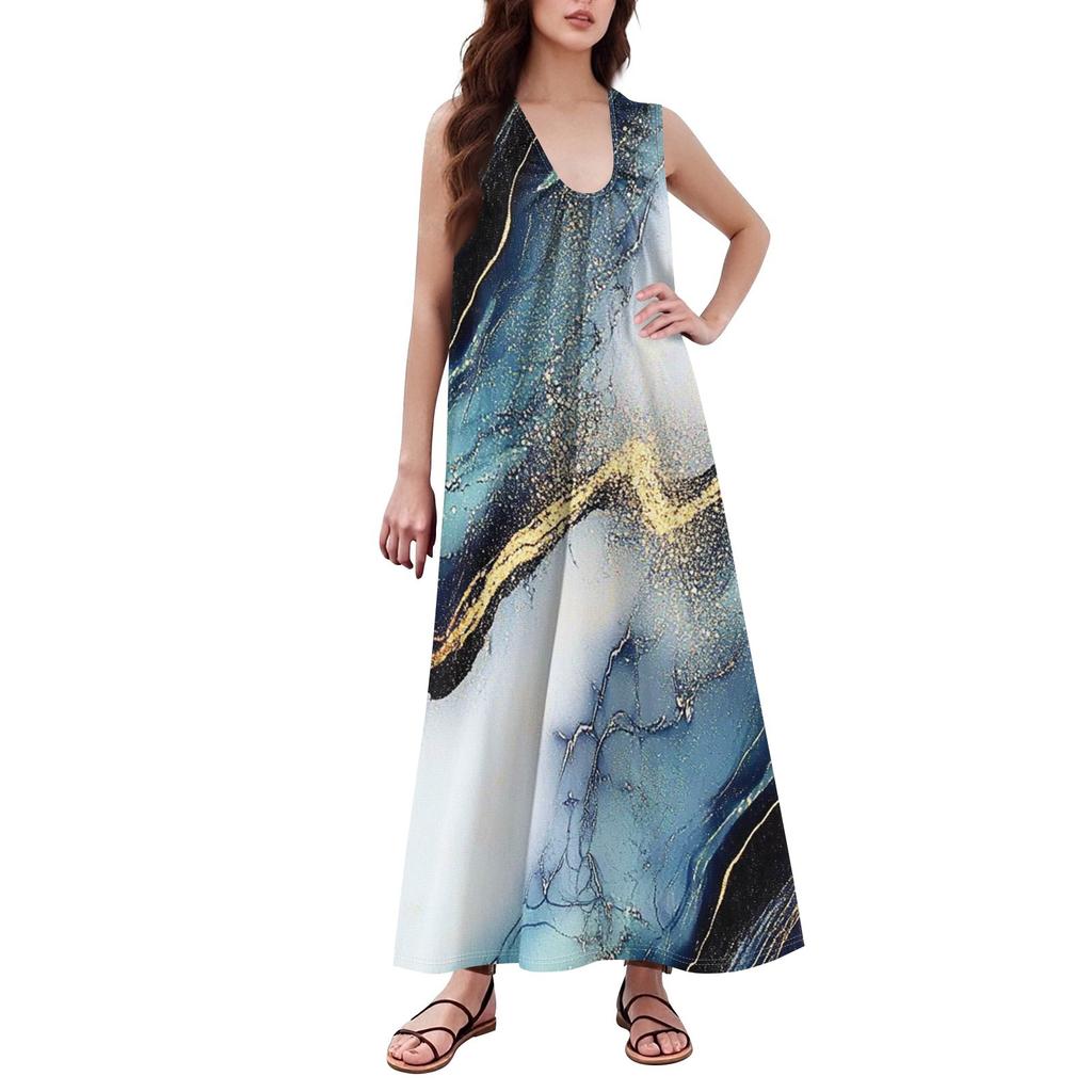 Mote Dame Casual A-linje Retro Trykket Hammerfølelse Løstsittende Langt Skjørt med Lommer