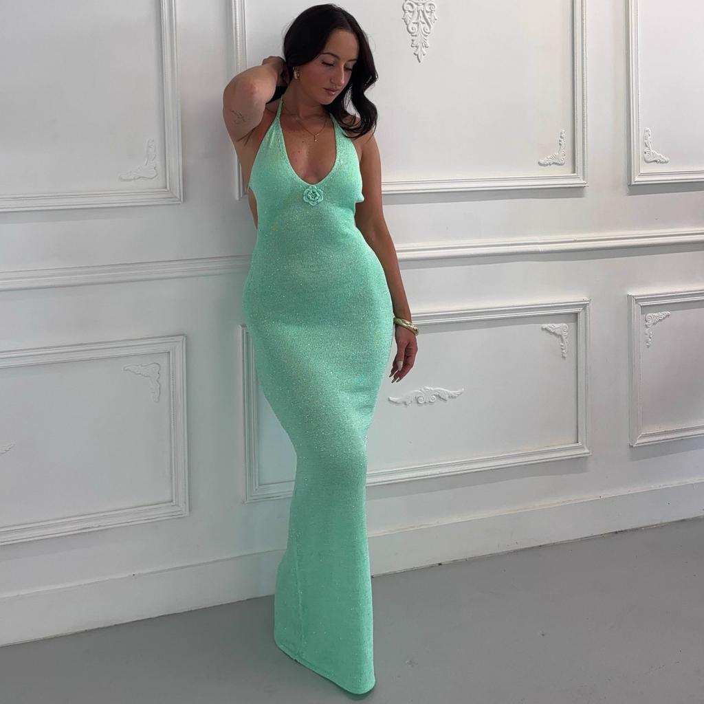 Women's New Fashionable Sexy Spice Girls Beautiful Back Suspender Skirt Flower Slim European and American Knitted Dress Wholesale