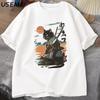 Samurai Cat TShirt Japanese Style Cat Designer Vintage Tshirt Casual Unisex Graphic T Shirts Cotton Short Sleeve Tee Streetwear