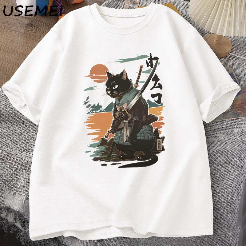 

Samurai Cat T-Shirt Japanese Style Cat Designer Vintage Tshirt Casual Men Graphic T Shirts Cotton Short Sleeve Tee Streetwear XS белый