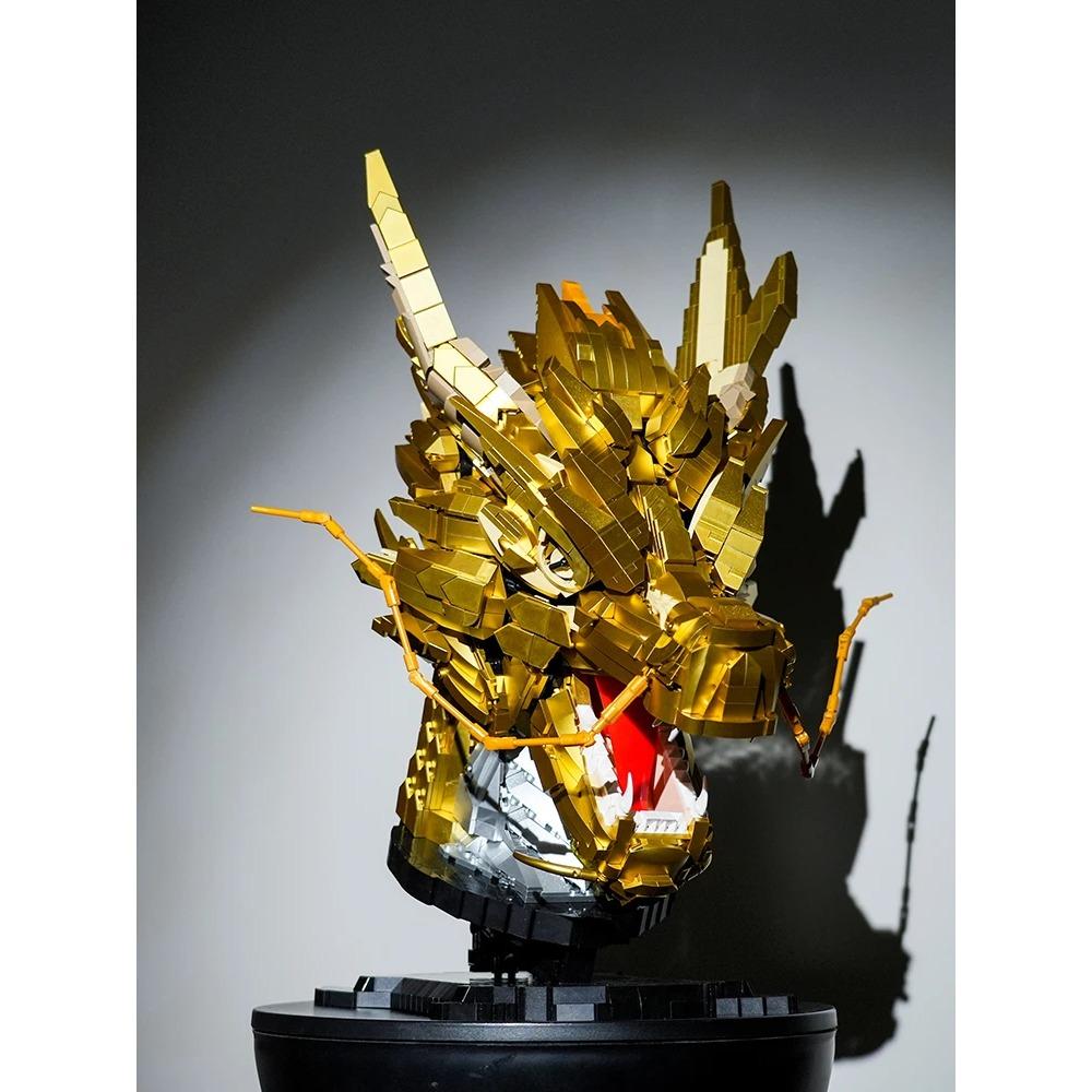 Golden Dragon Head Building Blocks Building Blocks Assemble Desk Decoration Chinese Dragon Toys Gift  for Adult Friend