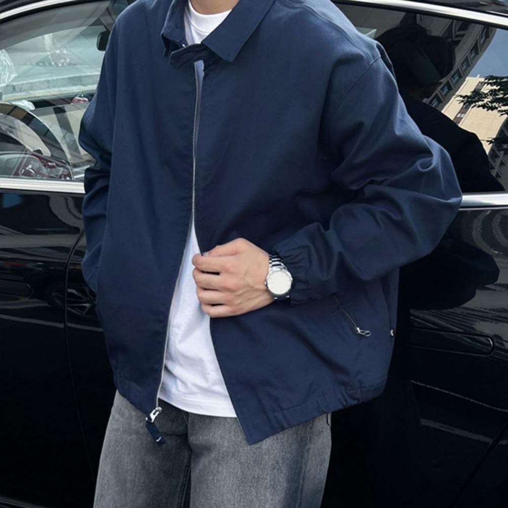 Men Coat Lapel Collar Long Sleeve Solid Color Jacket with Pockets Loose Fit Street Style Casual Outerwear