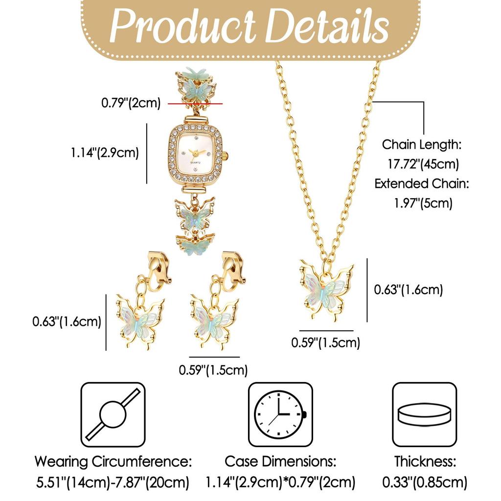 Women's Butterfly Watch Earrings Necklace Cute Stylish Waterproof Analog Quartz Watch Fashion Accessory for Women - Birthday Anniversary Mother's