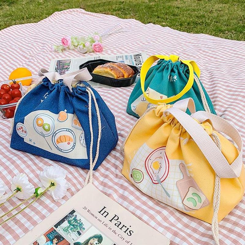 Retro Cute Large Capacity Canvas Drawstring Lunch Bags Creativity Handheld Bento Bag Handbag Portable Storage Bags Gifts