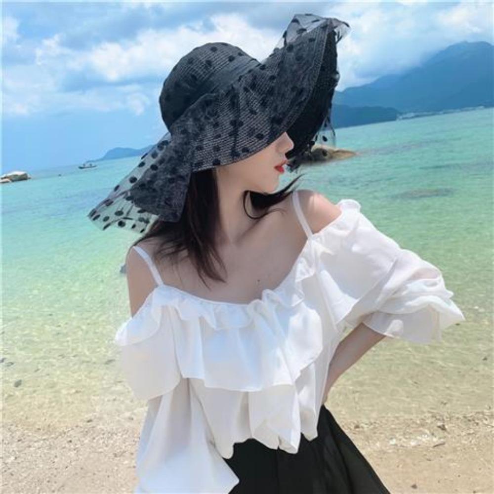 European Polka Dot Lace Mesh Big Brim Straw Hat Women's Summer Seaside Beach Elegant Sunscreen Vacation Hat