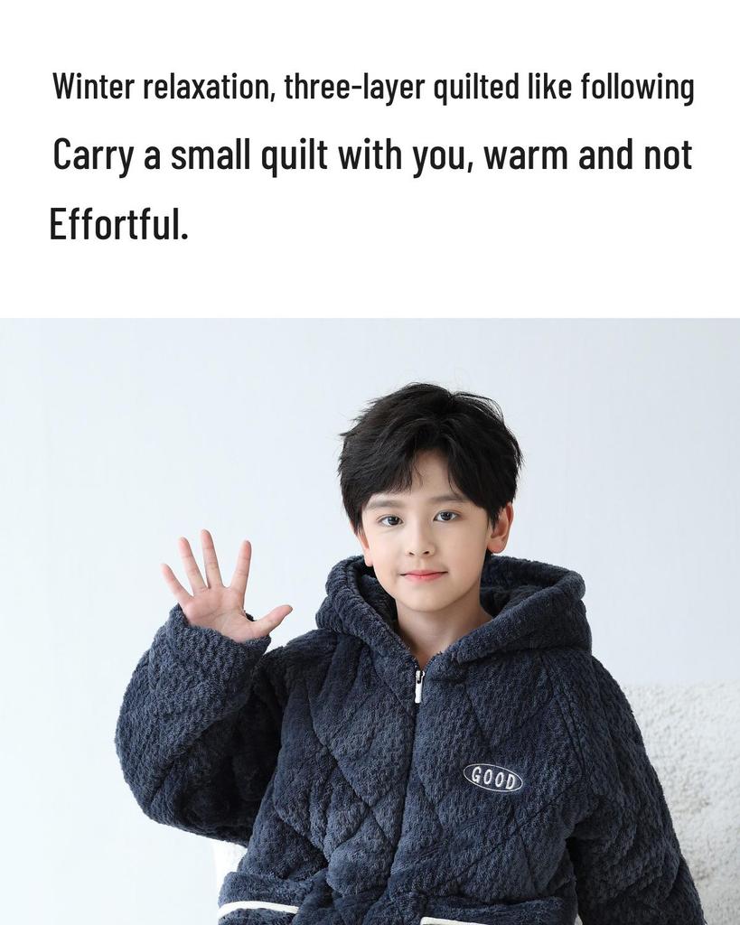 Boys' Winter Quilted Flannel Pajamas - Three-Layer, Medium & Large, Coral Fleece Warm Homewear