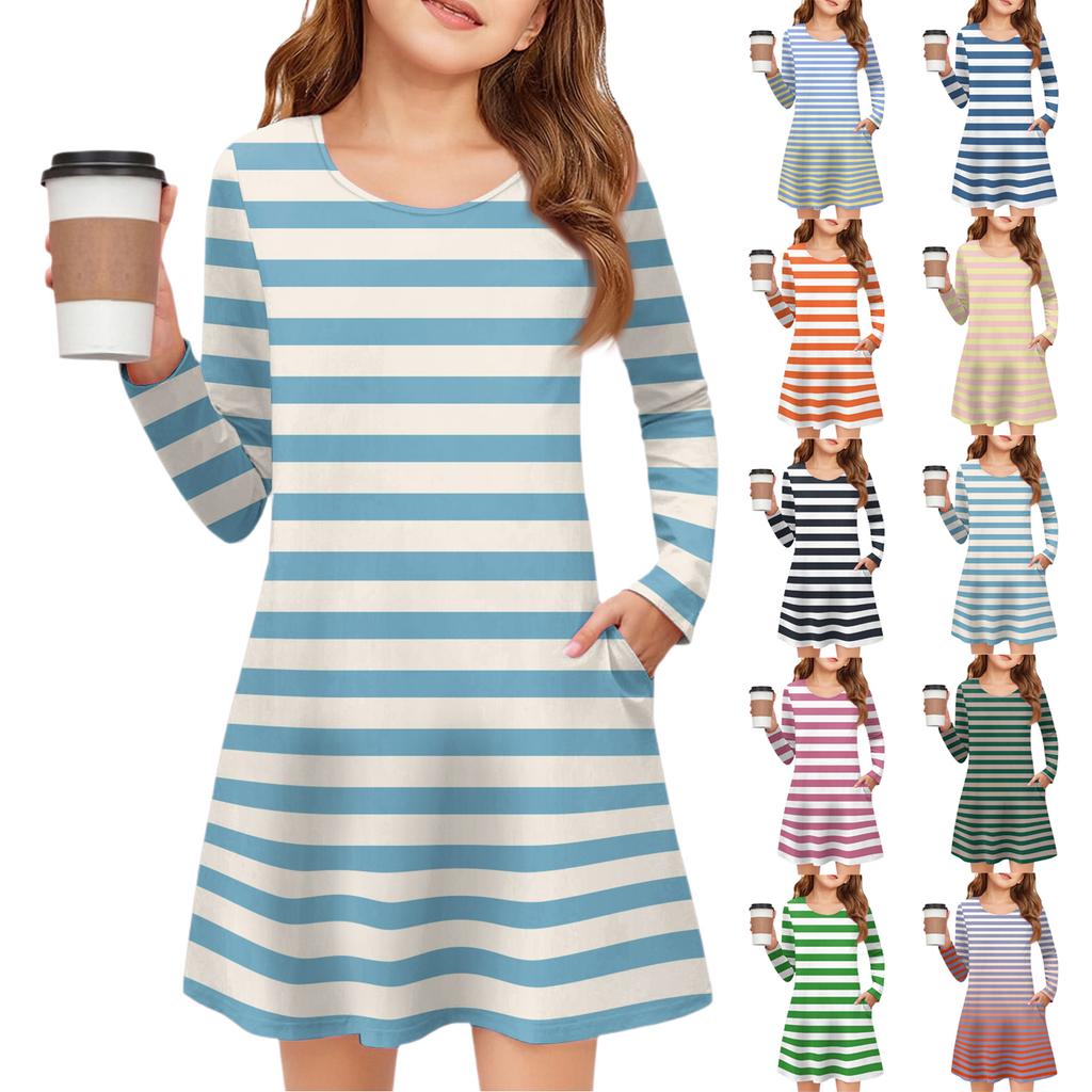 Girls' Long Sleeve Dress - Color Pocket Dress