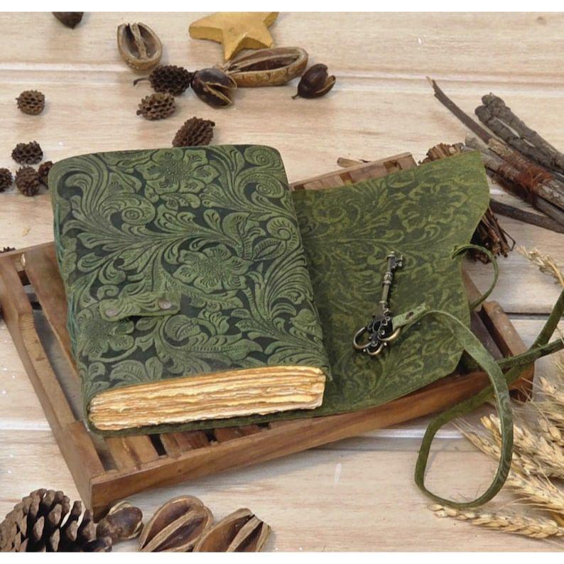 Embossed Green Leather Journal: Floral Spell Book, Deckle Edge Paper