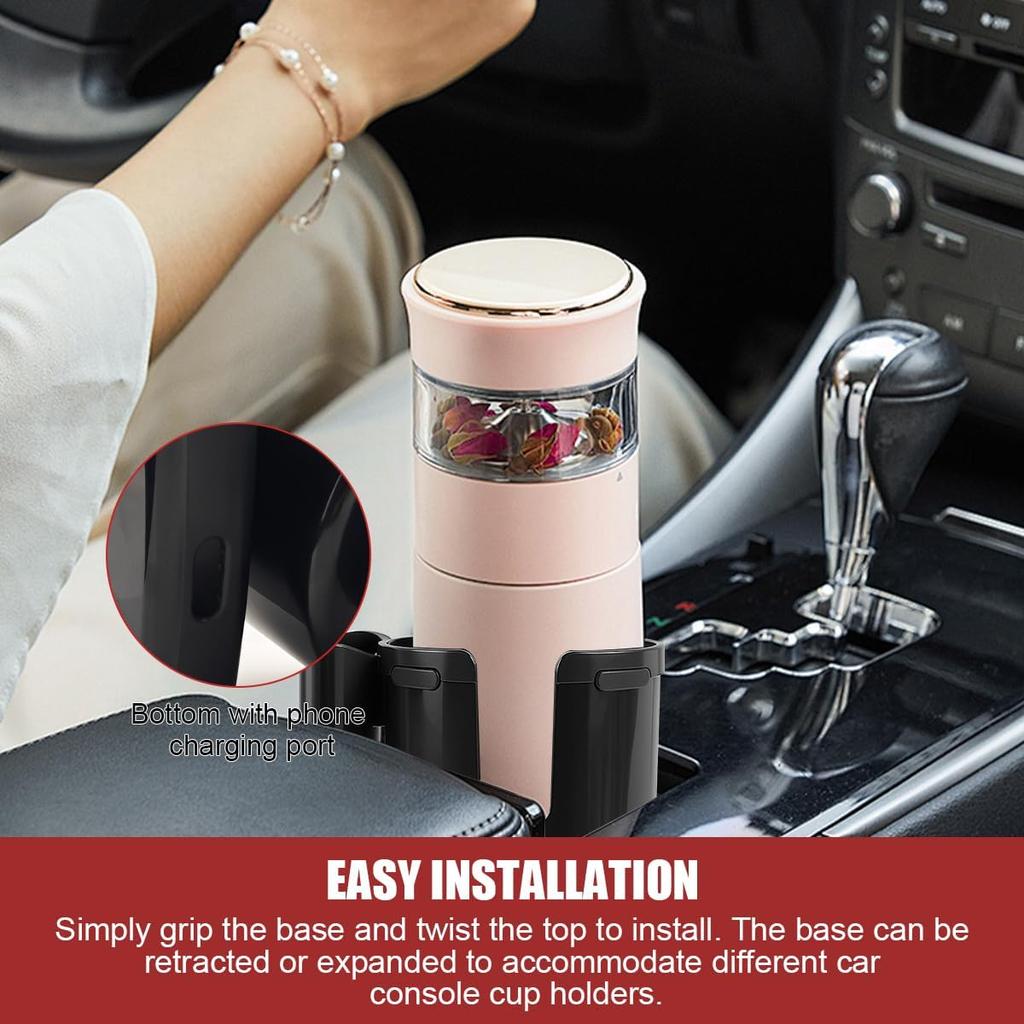 2 In 1 Car Cup Holder Expander With Phone Holder, 2.6"-3.93" Vehicle Cupholder Extender Adapter With Expandable Base, Auto Interior Water Bottle
