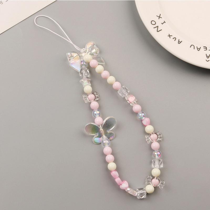 Bowknot Beaded Mobile Phone Chain Charm Acrylic Heart Beaded Pendant Phone Hanging Lanyard Strap Women Girls Sweet Accessories