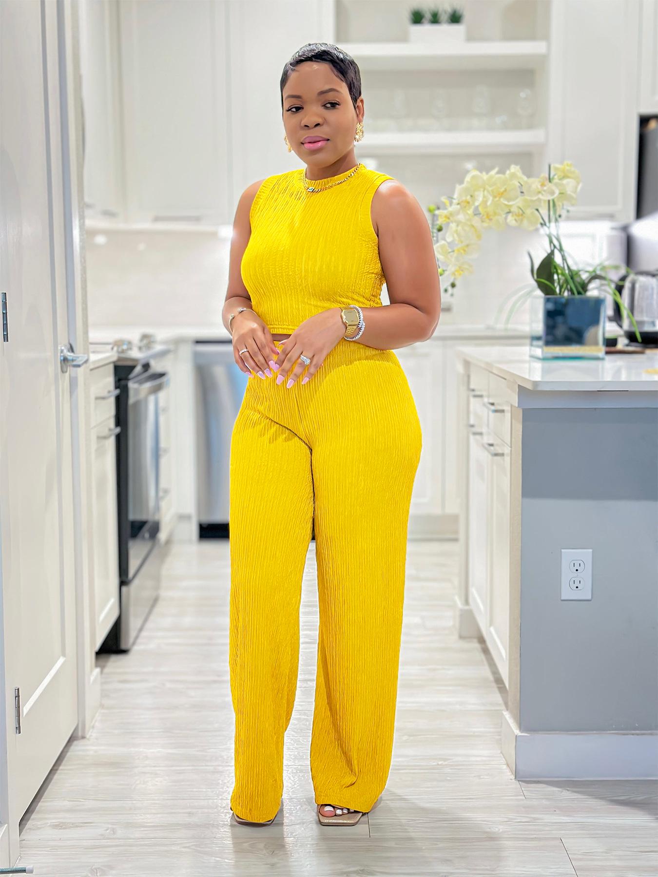

TW685 Women s Summer Fashion Casual Two-Piece Set: High-Elastic Knit Ribbed Wide-Leg Pants Large жёлтый