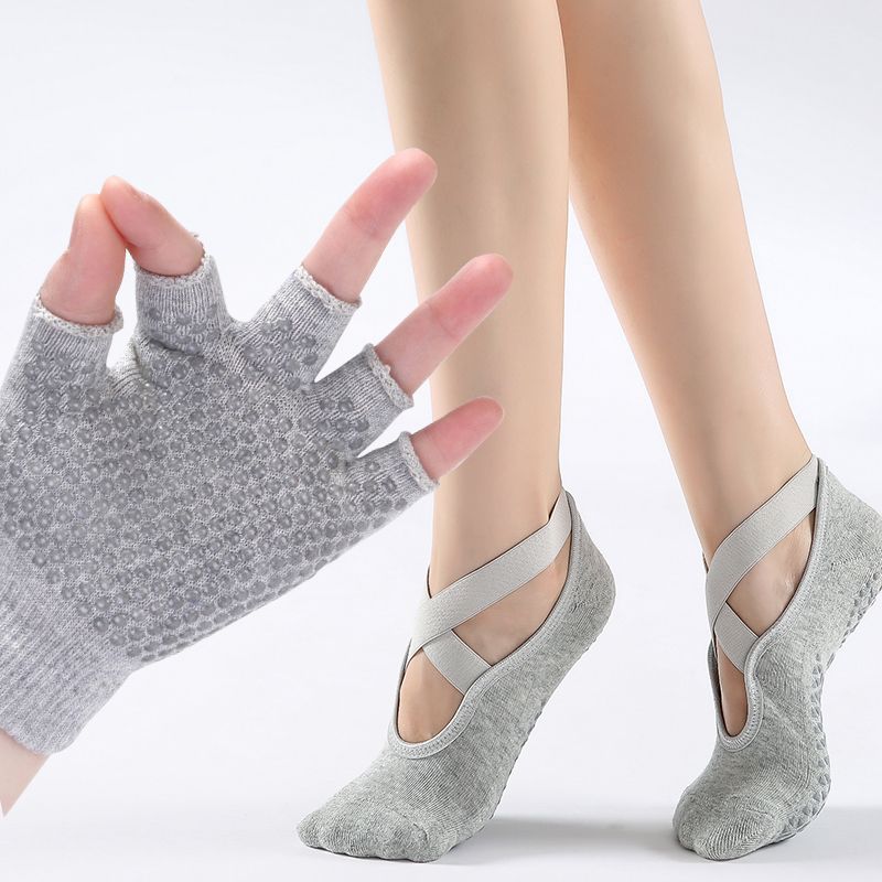 

and Summer Pure Cotton Yoga Gloves Socks Suit Non Slip Professional Female Exposed Five Finger Athletic Socks Four Season All Cotton Dance Pantyhose Cross with round head Terry socks light gray Suit