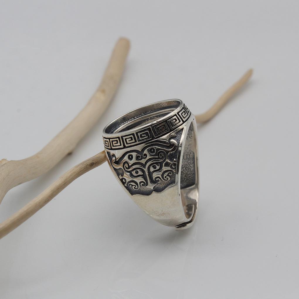 Yin Taifei Thai Silver Beast Face Ring - Taotie Pattern Men's Retro 12x16 Versatile Ring Setting.