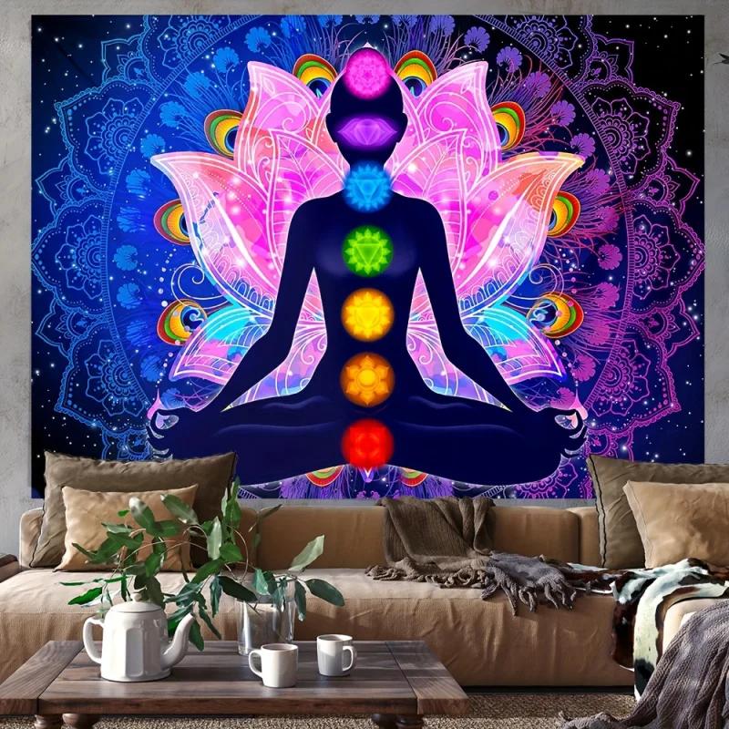 Spiritual Chakra Lotus Tapestry Yoga Meditation Wall Hanging Aesthetic Home Bedroom Living Room Decor 100X70CM