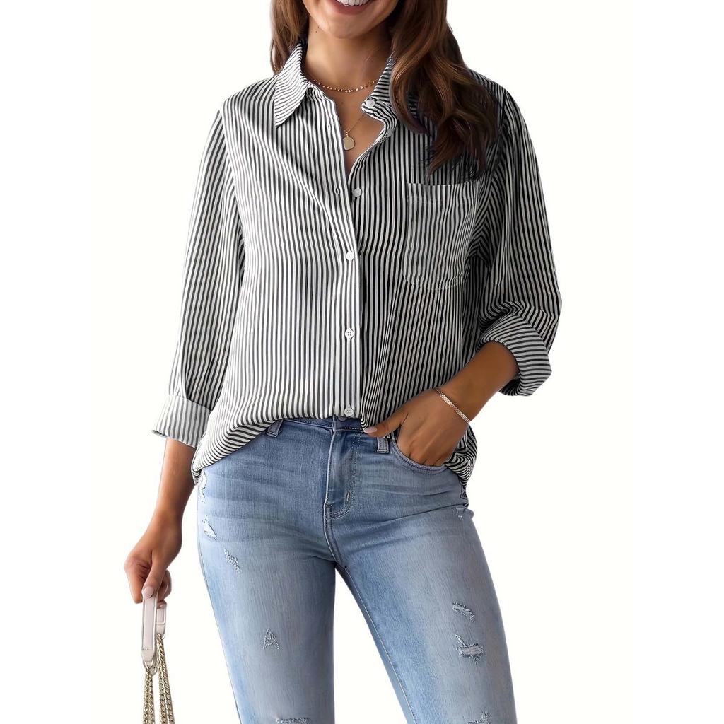 Printed Striped Cardigan, Casual Fashion Shirt, Loose Striped Women's Shirt, Work Shirt, Casual Long Sleeved Shirt