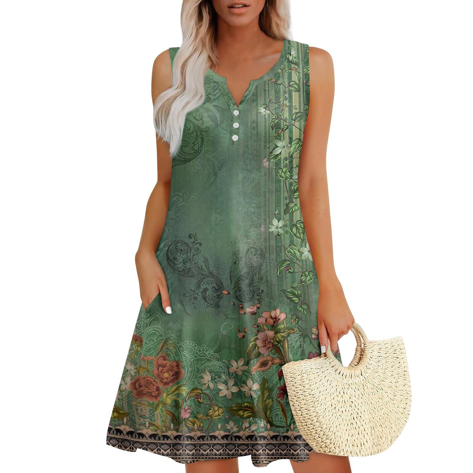 

Женские летние платья Свободные сарафаны без рукавов с V-образным вырезом Платье с карманами XL