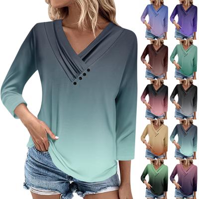Womens 3/4 Sleeve Daily Weekend V Neck Casual Printed Tshirts Loose Fit Pleated Tees Ladies Blouse