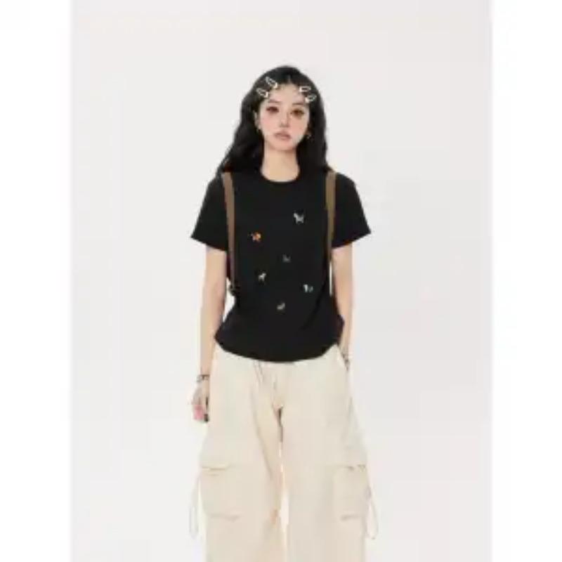 Women Summer Casual Cute Dog Embroidery Print Short Sleeve Cotton T Shirt