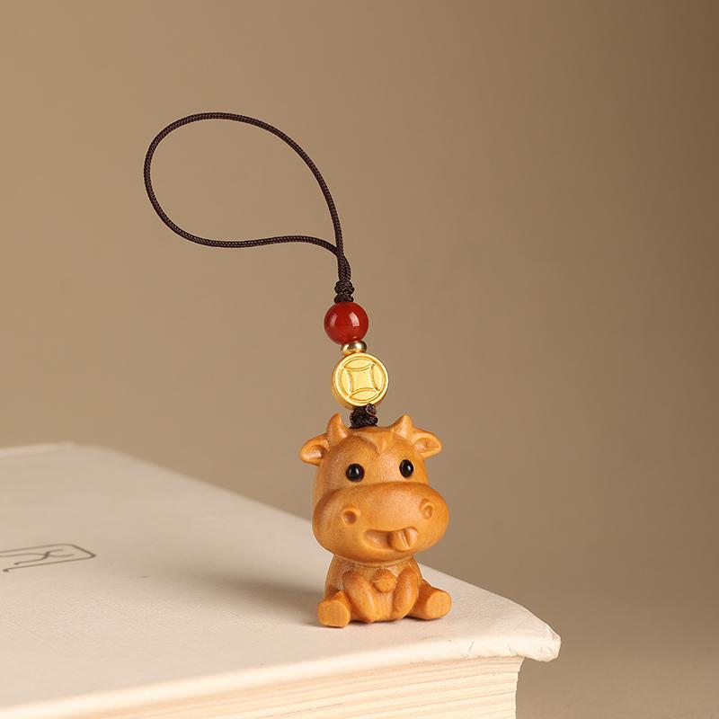 Red Sandalwood Zodiac Ox Keychain & Lanyard Charm
