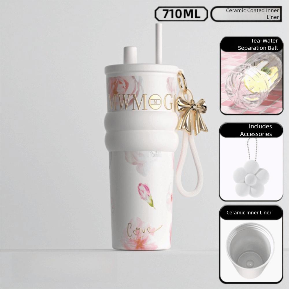 

710ml Insulated Cup Large Capacity Dustproof Student Drinking Cup with Flower Pendant Ceramic Inner Liner Straw Water Cup as show білий