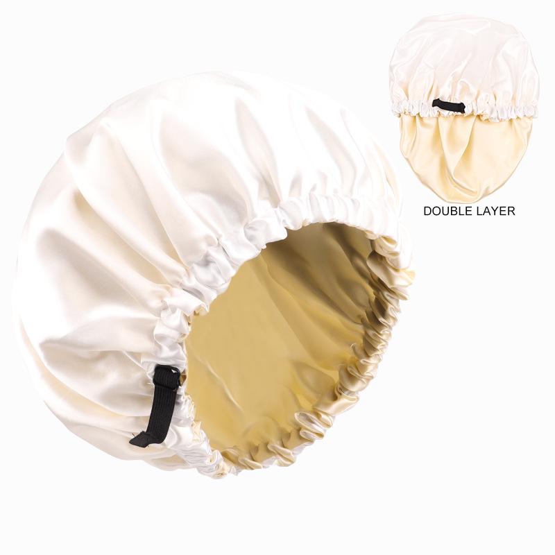 Dual-Layer Satin Sleep Cap with Adjustable Buckle, Reversible Solid Color Design - Elastic European/American Shower Cap