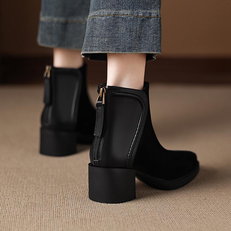 Krazing Pot Cow Suede Nubuck Winter Round Toe Modern Boots Med Heels Zipper Patch Work Women Ankle Boots