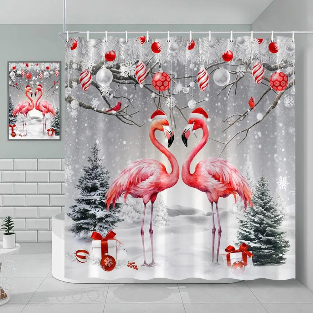 

Рождественская шторка для душа Розовый снеговик Санта Клаус Животное Рождественская елка Олень Фламинго Кошка Собака Рождественский шар Украшение для ванной 90x180cm-35x70in