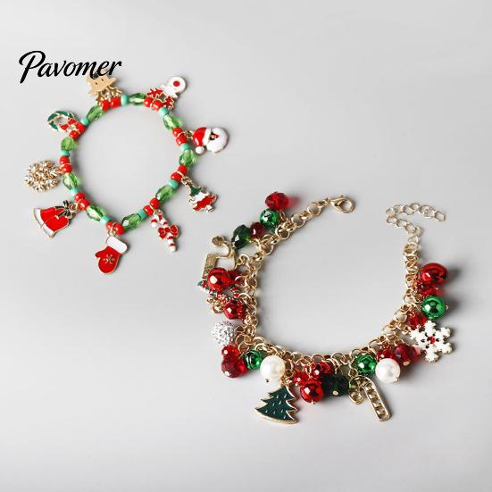 Holiday Jewelry Gifts Christmas Charm Bracelet for Women, Santa Claus Snowman Bell Glove Festive Snowflake Bangle Tree Pendant Bracelet, Adjustable