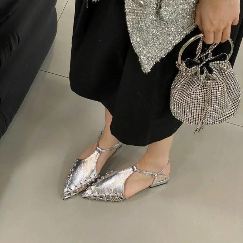 Women's Flat Sandals Pointed Toe Weaving Hollow Leaking Heel Shoes Women Daily Summer French DressTemperament Designer Sandals