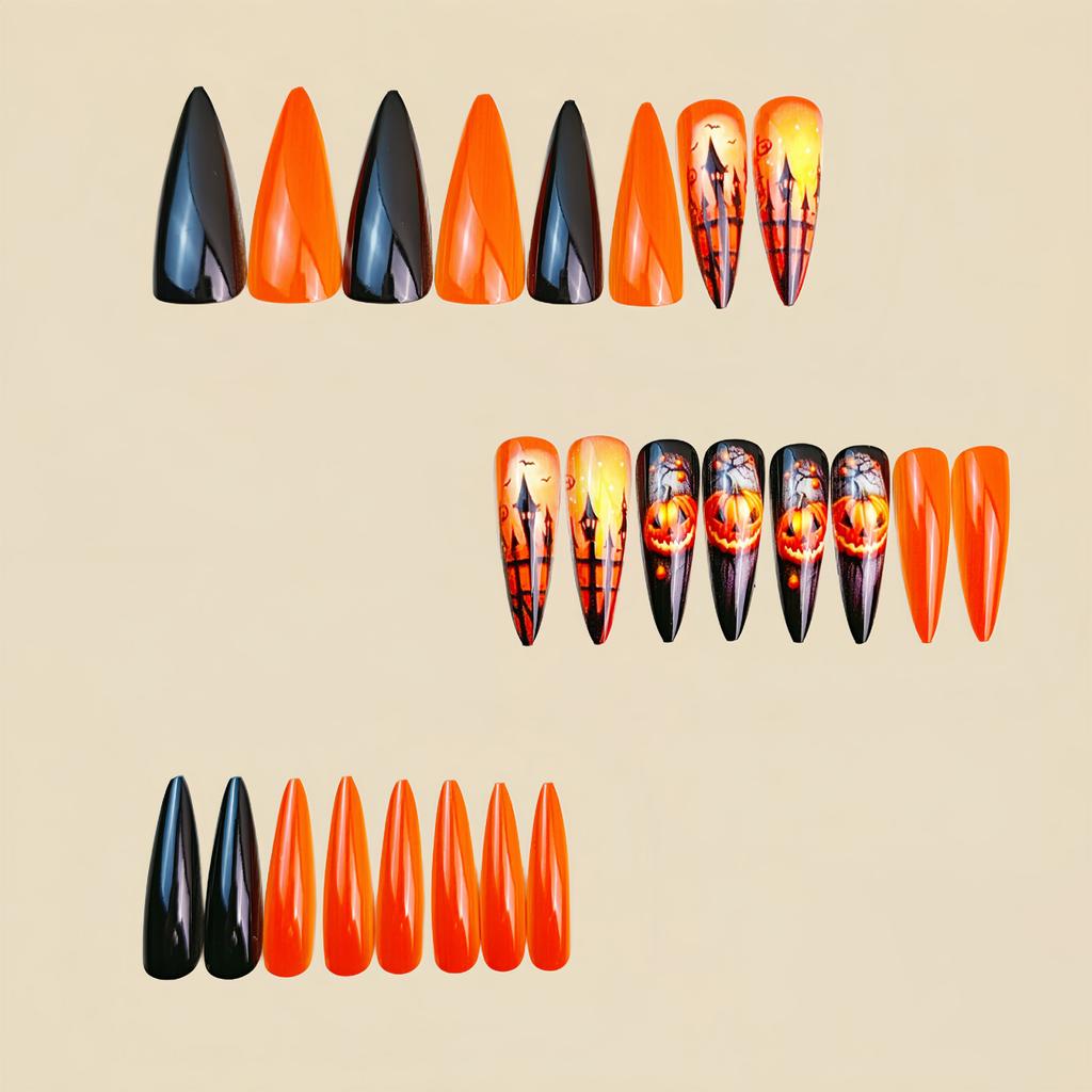 Trendy Fake Nail Halloween Theme Stylish Almond Tip Ghostly Pumpkin Art Durability Comfortable False Nail For Daily Wear