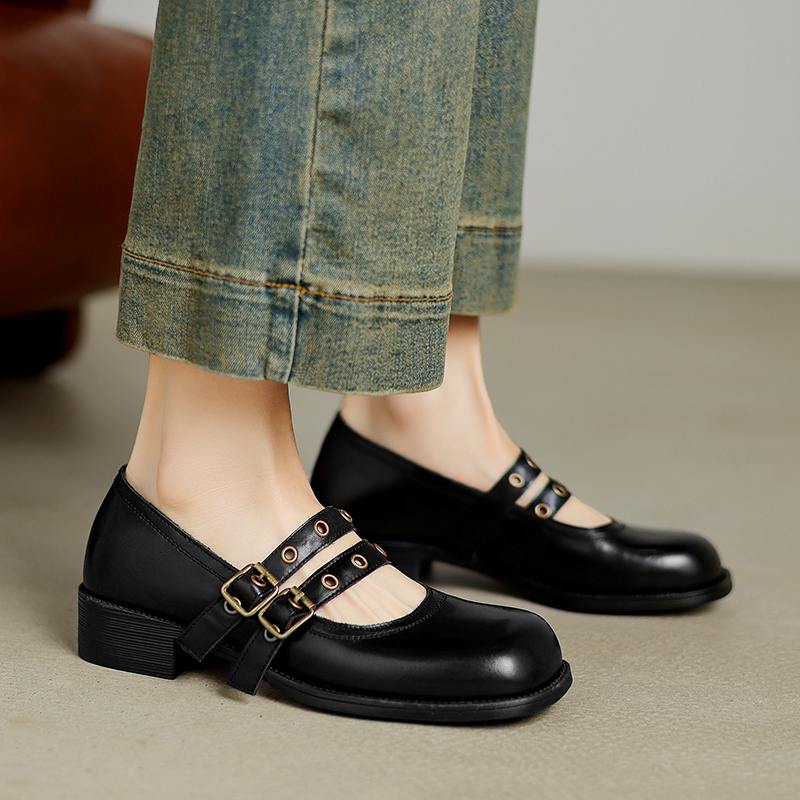 

Krazing Pot Лоферы из коровьей кожи, весна-лето, размер 40, толстый средний каблук, женские туфли-лодочки с металлической пряжкой и круглым носком для отдыха 34 чёрный