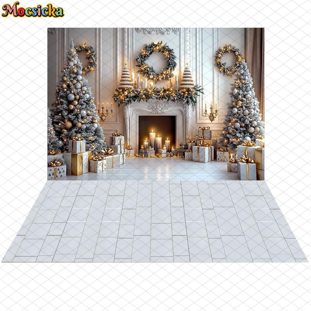 Mocsicka Christmas Background Happy New Year Party Xmas Tree Palace Fireplace Wall Decor Photo Backdrops Home Living Roo225