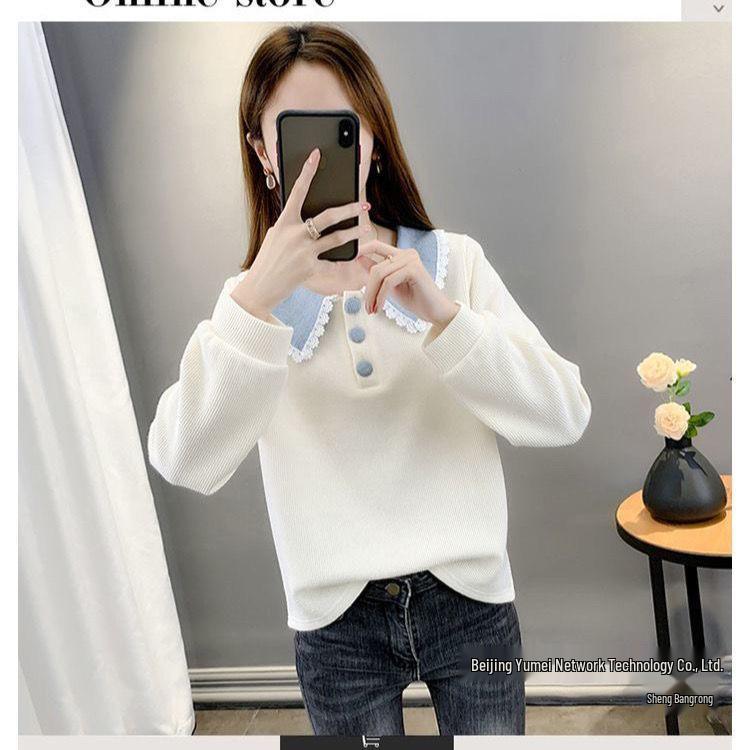 2025 Spring Women's Korean Style Lace Trim Peter Pan Collar Long Sleeve Sweater